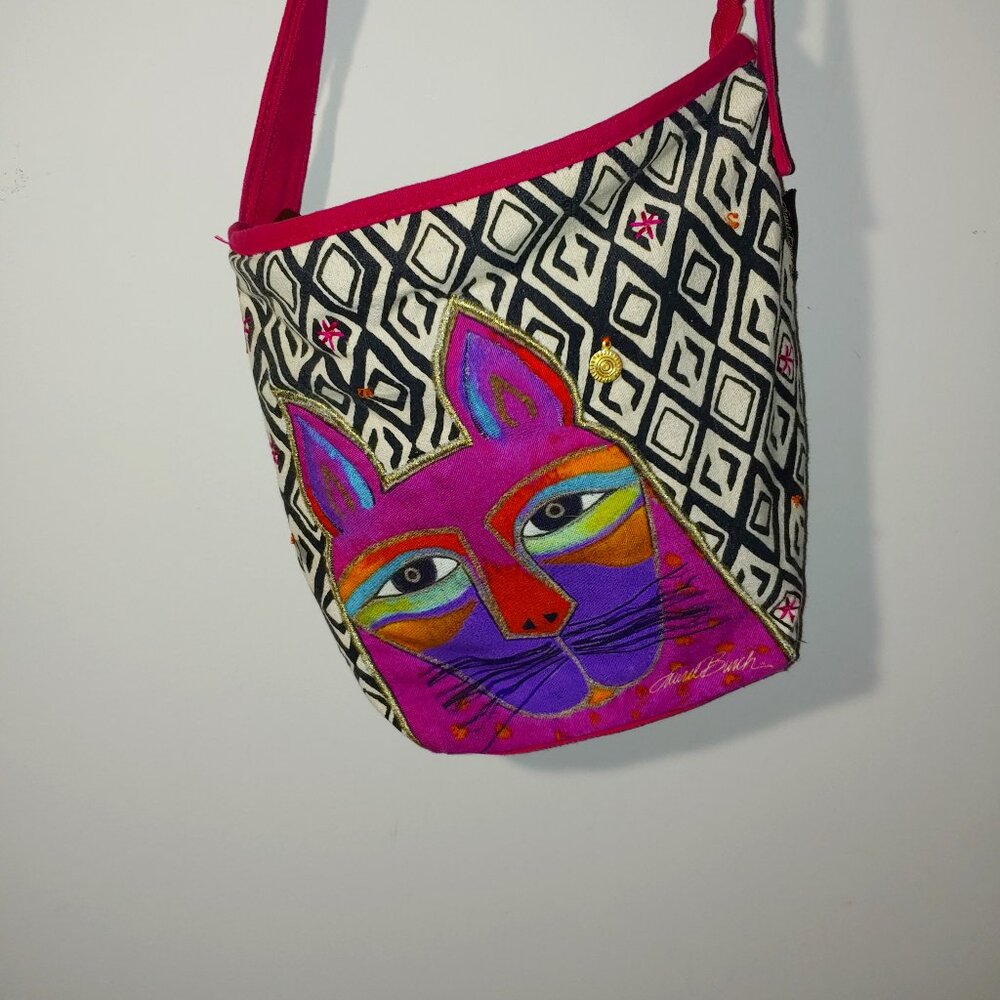 Laurel Burch Cat Face Canvas Shoulder Bag with charms Multicolored Pink Trim
